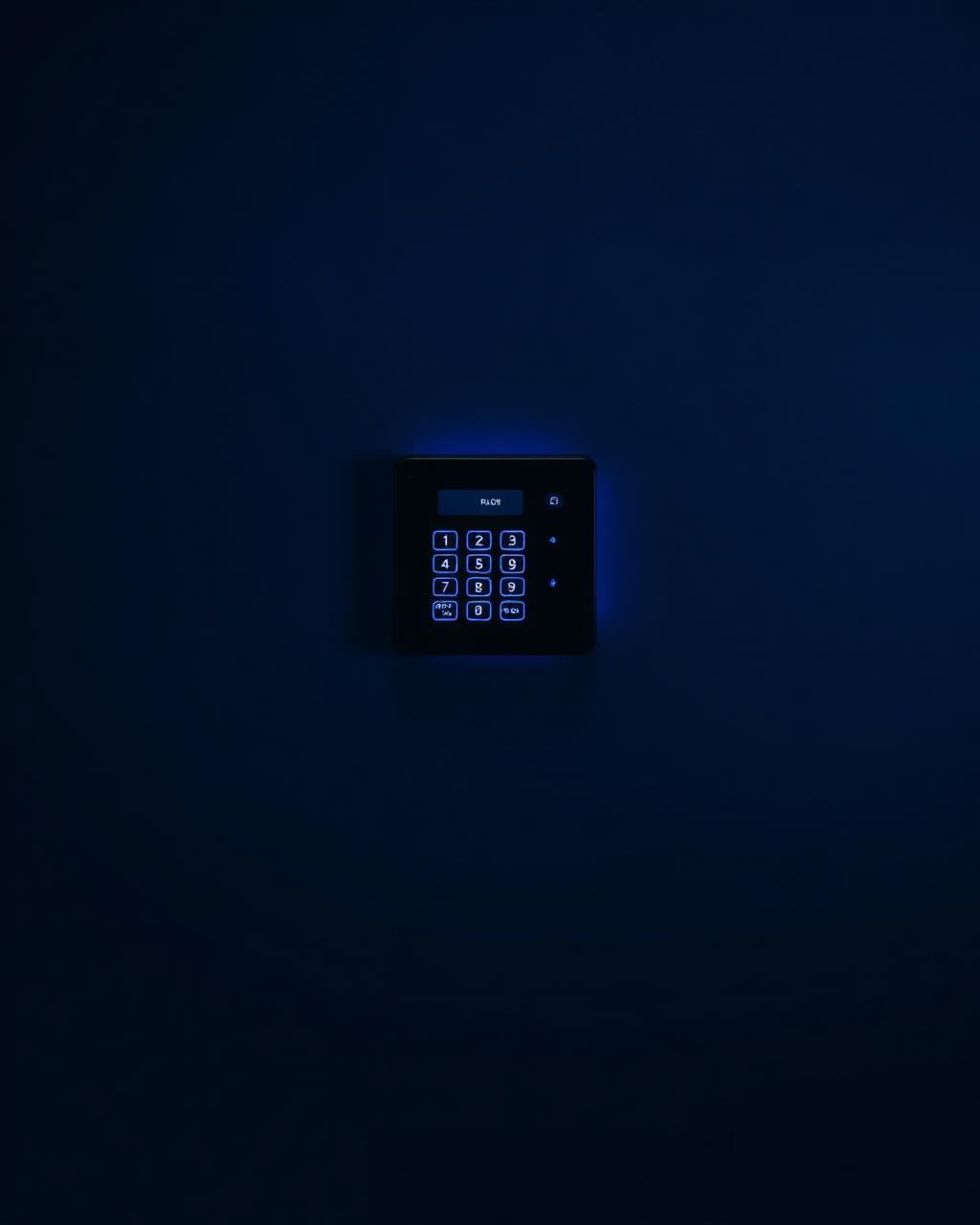 Backlit wireless alarm keypad on a dark wall