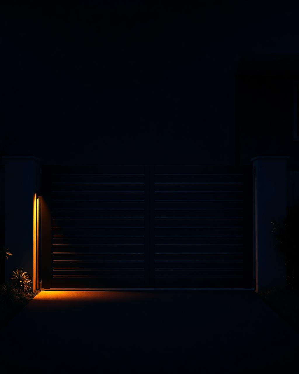 Automated slatted driveway gate lit at night