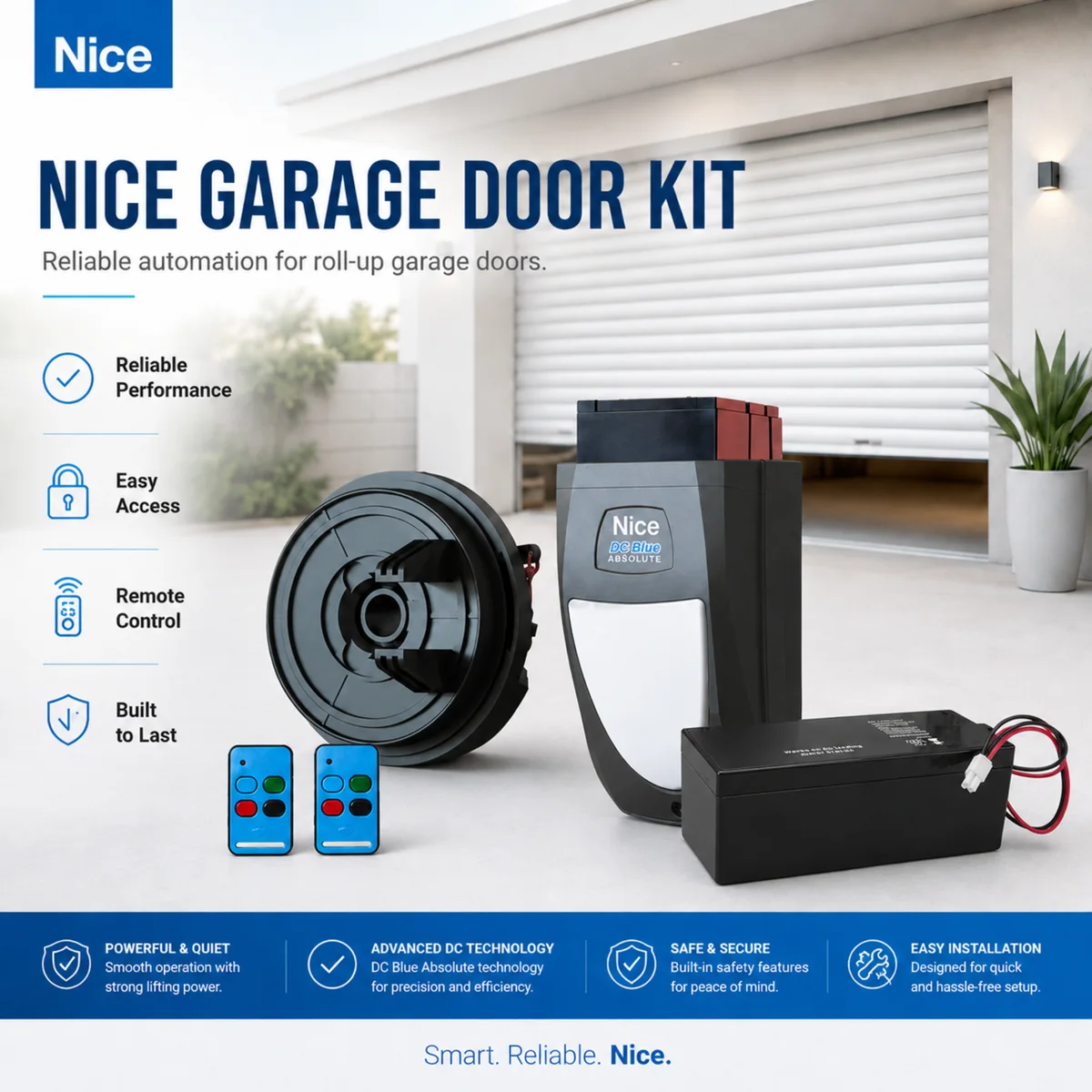 Nice Garage Door Kit presentation — DC Blue Absolute drive head, drum, battery and two remotes in front of a roll-up garage door, with benefit icons