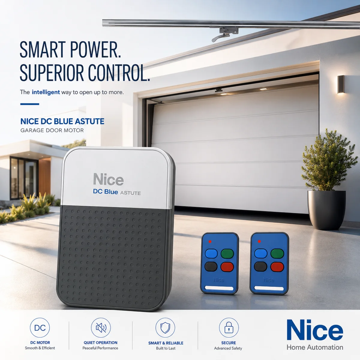 Nice DC Blue Astute presentation — 'Smart power. Superior control.' motor head and two remotes in front of a sectional garage door
