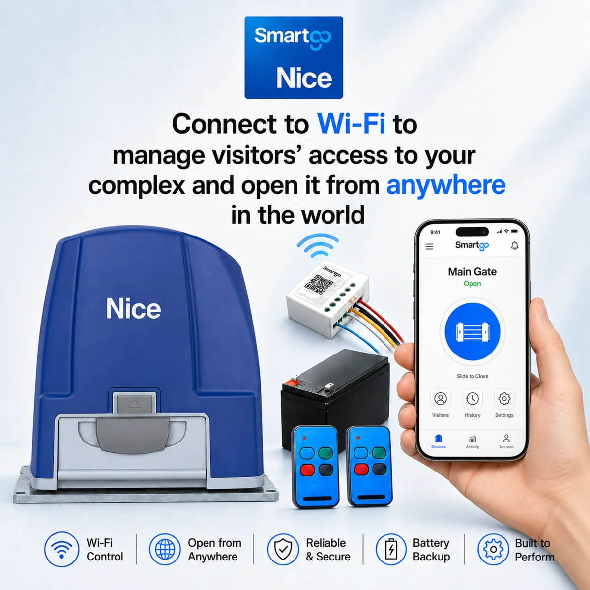 Nice Smart Kit presentation — 'Connect to Wi-Fi to manage visitors' access' Drive 1000 kit with MyNice SmartGo module, remotes, battery, rack and phone app