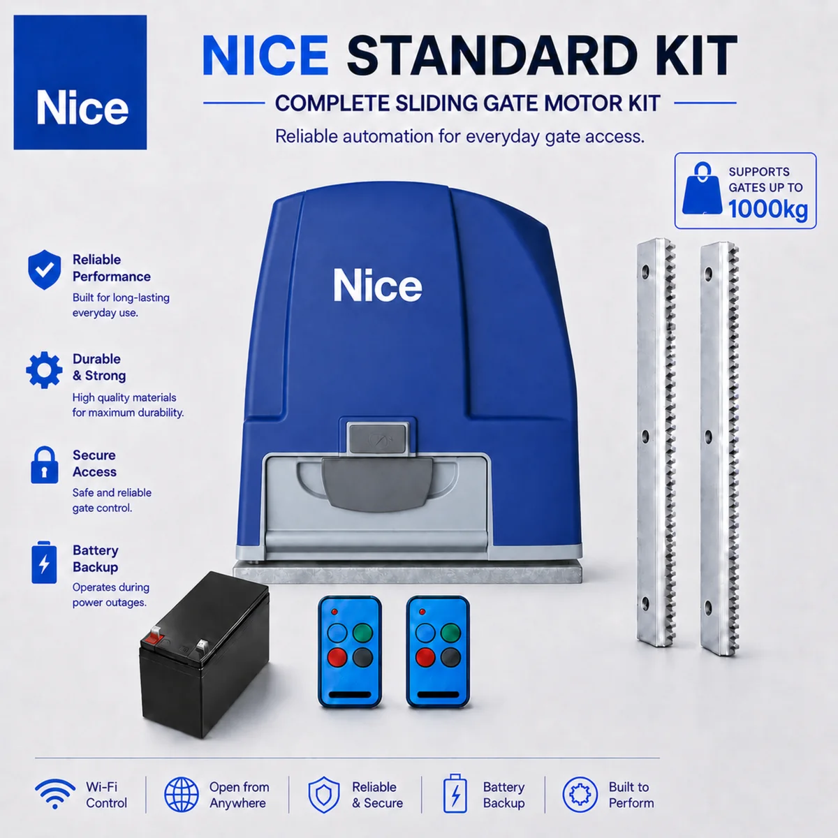 Nice Standard Kit presentation — Drive 1000 sliding gate motor kit supporting gates up to 1000 kg, with battery, two remotes and rack