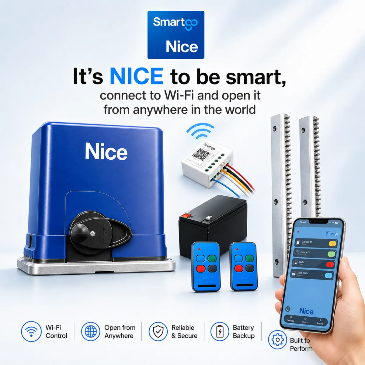 Nice Smart Kit presentation — 'It's NICE to be smart' Drive 300 kit with MyNice SmartGo module, remotes, battery, rack and phone app