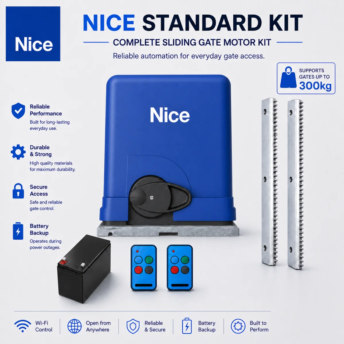 Nice Standard Kit presentation — Drive 300 sliding gate motor kit supporting gates up to 300 kg, with battery, two remotes and rack