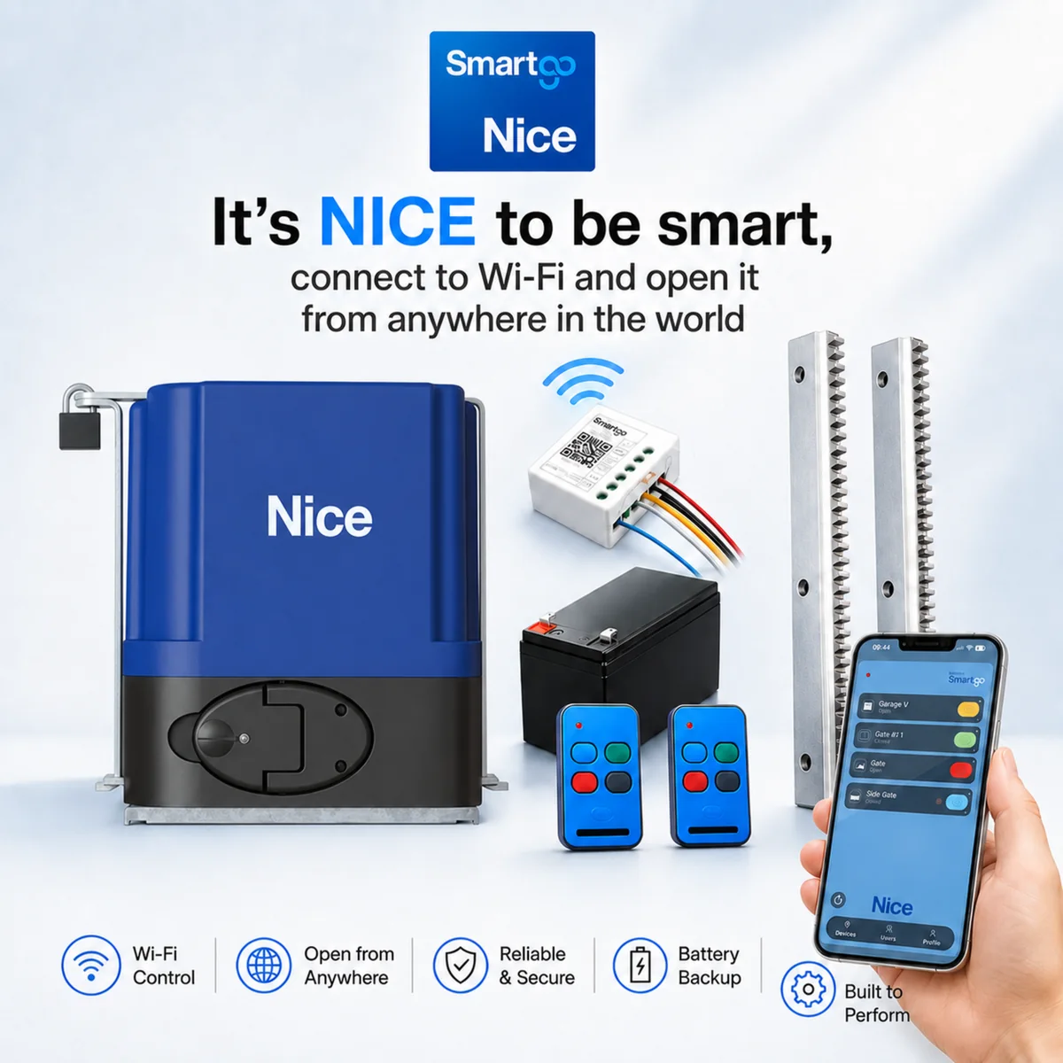 Nice Smart Kit presentation — 'It's NICE to be smart' Drive 600 kit with MyNice SmartGo module, remotes, battery, rack and phone app