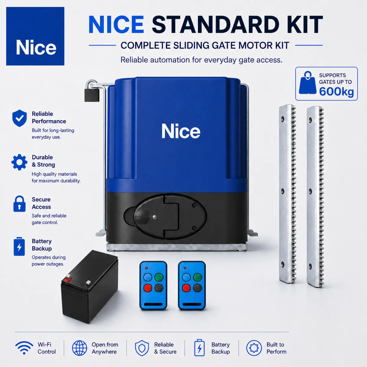Nice Standard Kit presentation — Drive 600 sliding gate motor kit supporting gates up to 600 kg, with battery, two remotes and rack
